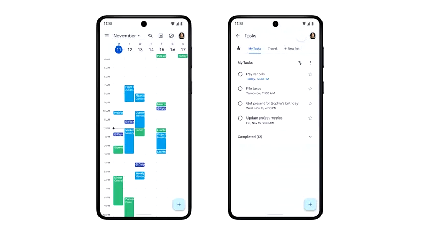 Google Calendar and Google Tasks side by side on two phones