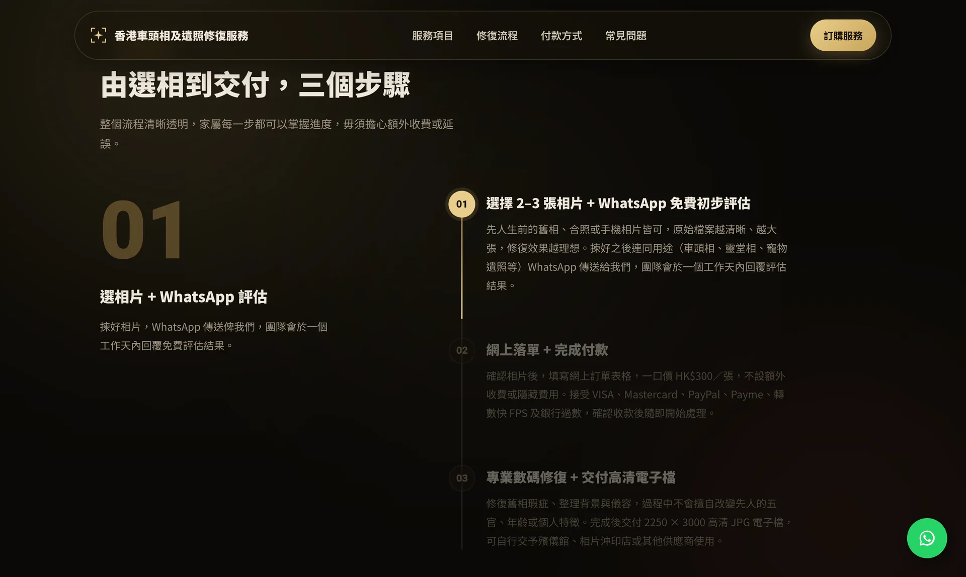 Three-step ordering process: choose photos, order and pay online, receive the restored file